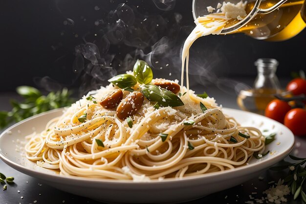 Una ciotola di spaghetti freschi con fumo fumante