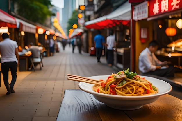 Una ciotola di spaghetti si trova su un tavolo in una strada a Shanghai.