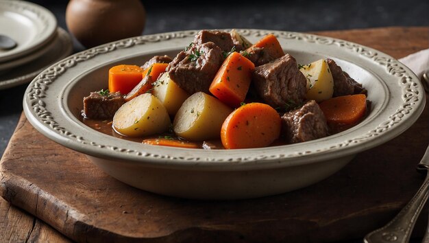 Una ciotola di stufato con carne, patate, carote e cipolle.