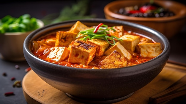 Una ciotola di stufato di kimchi speziato e piccante con tofu e verdure Generative AI