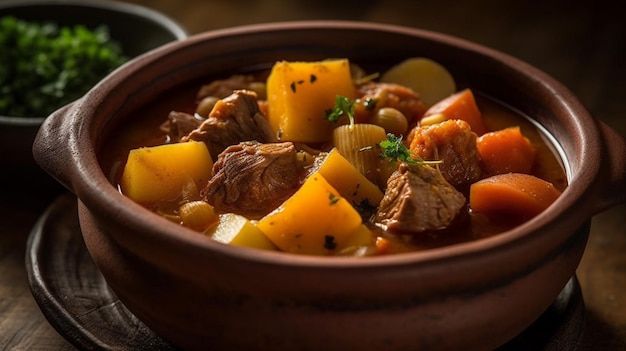 Una ciotola di stufato di manzo con patate, carote e patate.