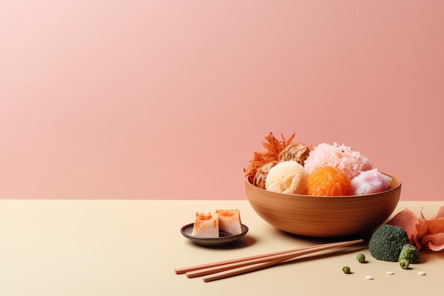 Una ciotola di sushi con un piccolo pezzo di sushi su un tavolo.