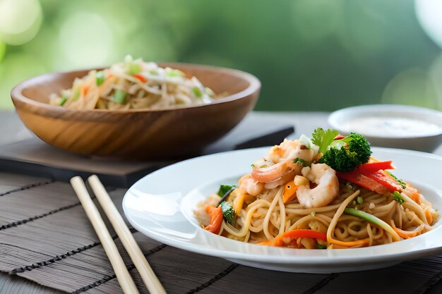 Una ciotola di tagliatelle con gamberi e verdure sul lato