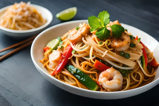 Una ciotola di tagliatelle con gamberi e verdure