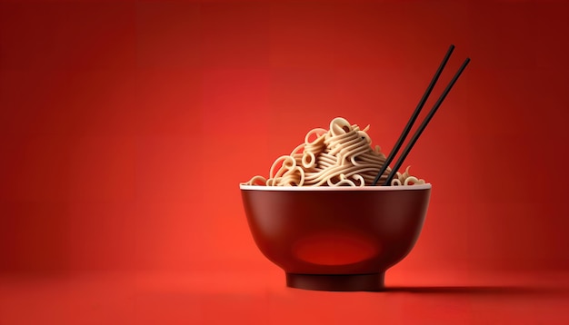 Una ciotola di tagliatelle con le bacchette e un paio di bacchette.