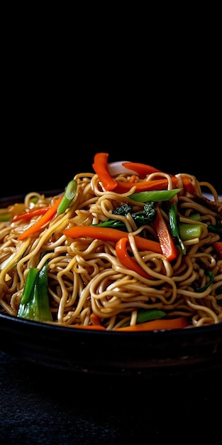 Una ciotola di tagliatelle con verdure in cima