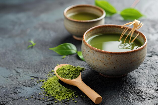 Una ciotola di tè verde con un cucchiaio e una tazza di fiammiferi su un tavolo con le foglie