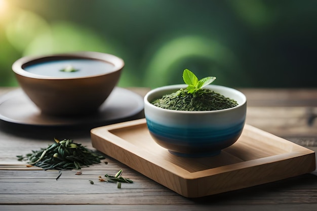 una ciotola di tè verde su un tavolo di legno con un rametto verde di menta.