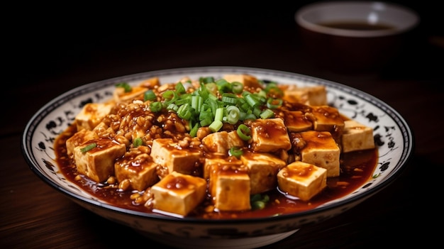 Una ciotola di tofu con cipolle verdi e semi di sesamo.