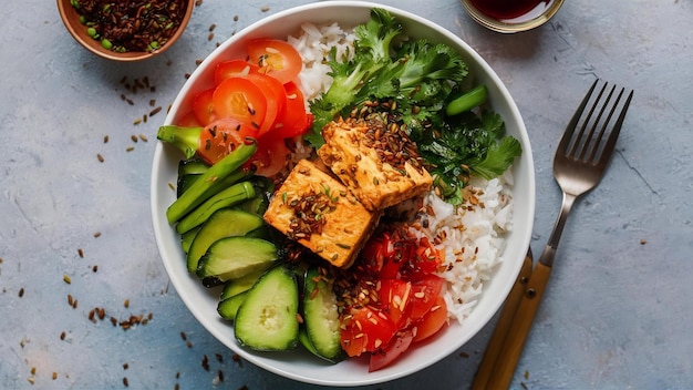 Una ciotola di tofu organico sano e buddha di riso con verdure