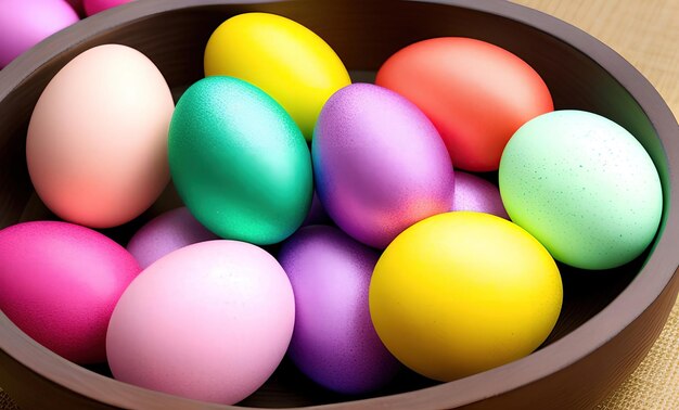 Una ciotola di uova di pasqua colorate con sopra la parola pasqua.