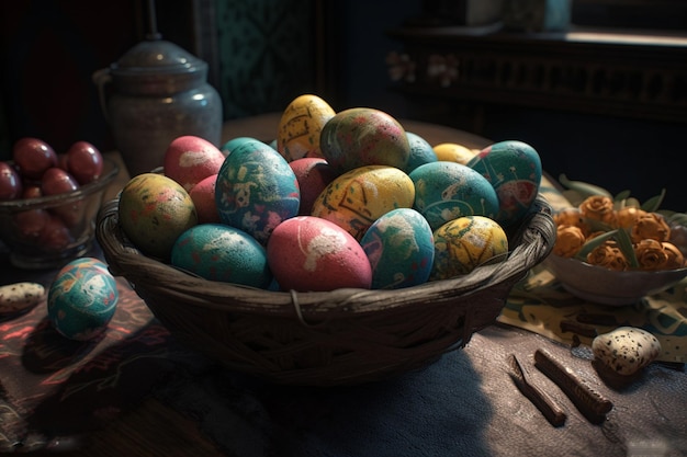 Una ciotola di uova di Pasqua con sopra il numero 2