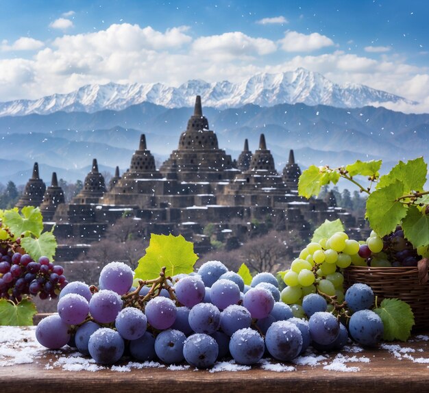 Una ciotola di uva su un tavolo di legno e le montagne dell'Himalaya sullo sfondo