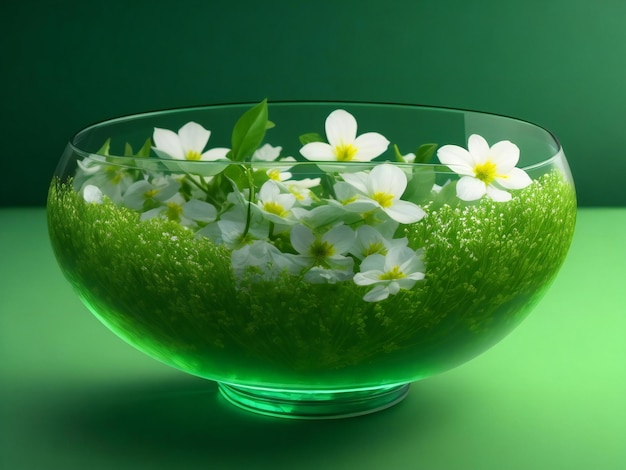 Una ciotola di vetro con fiori e uno sfondo verde ai generato