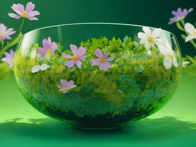 Una ciotola di vetro con fiori e uno sfondo verde ai generato