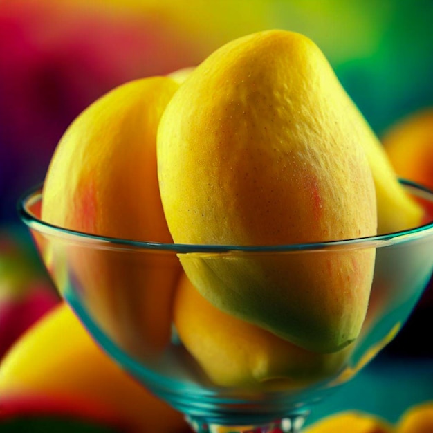 una ciotola di vetro di manghi con sfondo colorato