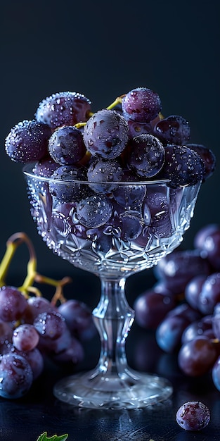 Una ciotola di vetro di uva viola su un tavolo perfetta per un'esposizione di cibi naturali