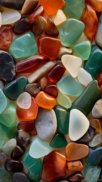 Una ciotola di vetro marino è piena di ciottoli colorati.