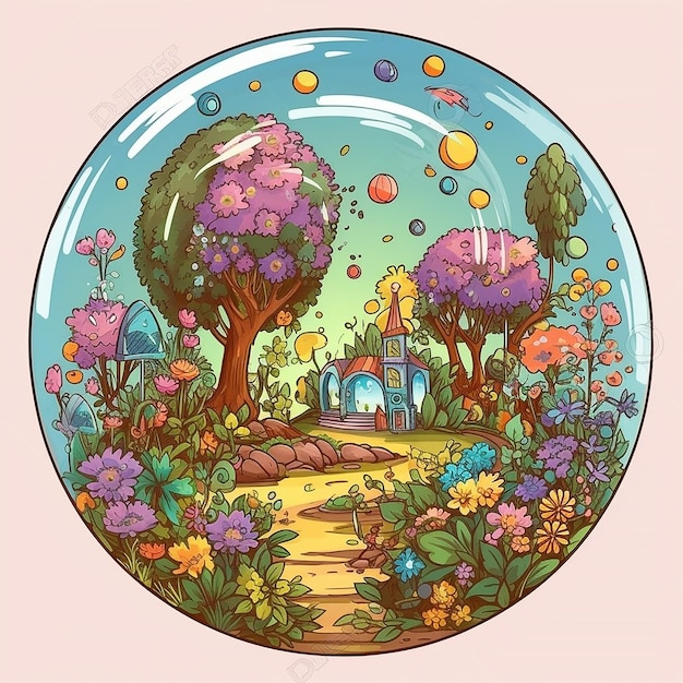 Una ciotola di vetro rotonda con un castello di cartoni animati e una casa sullo sfondo.