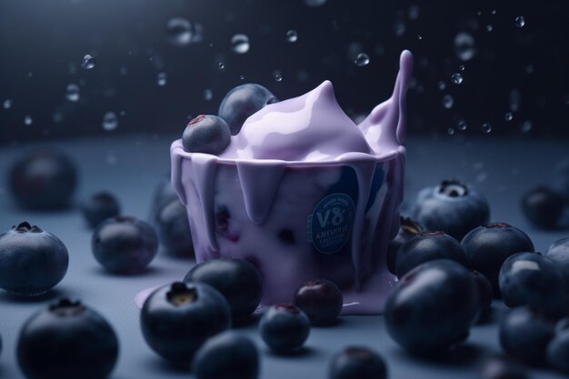 Una ciotola di yogurt ai mirtilli con sopra la parola v