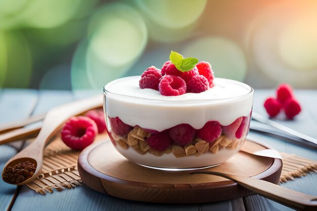 una ciotola di yogurt con lamponi e lamponi sul tavolo.