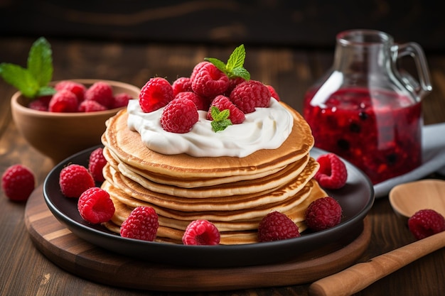 Una ciotola di yogurt con un cucchiaio di legno e una pila di pancake