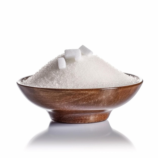 Una ciotola di zucchero è su uno sfondo bianco con un riflesso della parola zucchero su di essa.