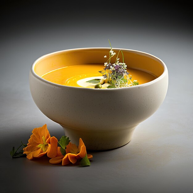 Una ciotola di zuppa con fiori sul lato
