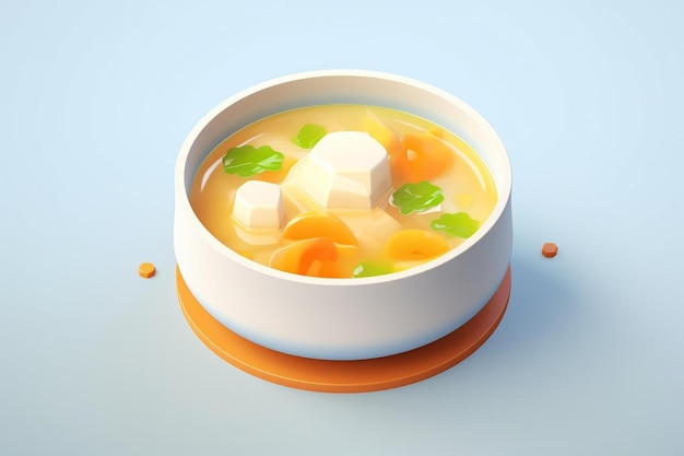 Una ciotola di zuppa con una ciotola de zuppa su uno sfondo blu.