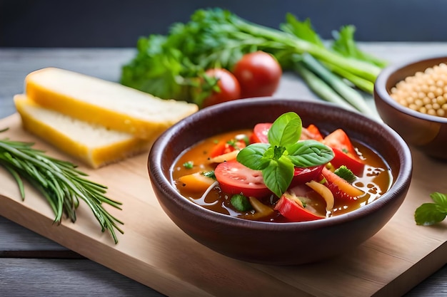 Una ciotola di zuppa con verdure e formaggio