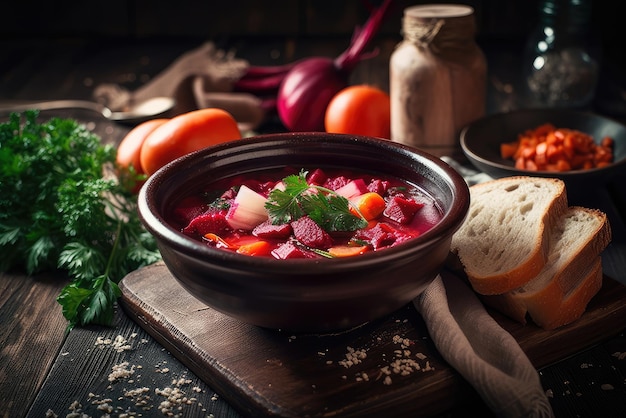 Una ciotola di zuppa di barbabietole rosse con carote e prezzemolo su un tagliere di legno.