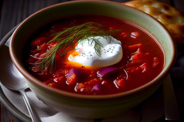 Una ciotola di zuppa di borscht con panna acida e una fetta di cipolla.