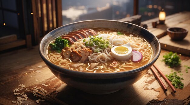 Una ciotola di zuppa di miso giapponese Ramen Close Up vista isometrica