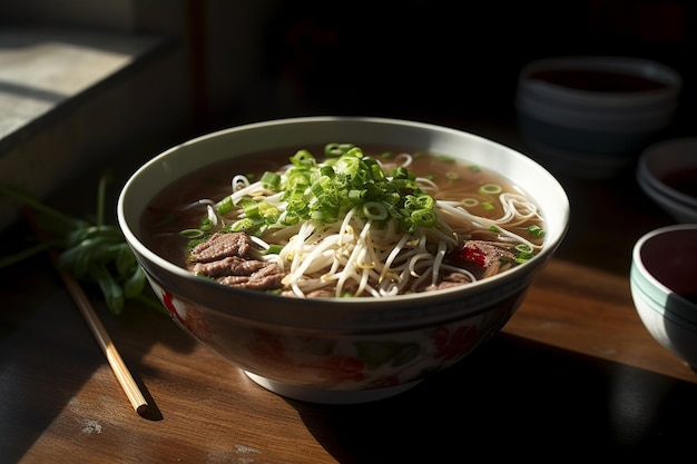 Una ciotola di zuppa di noodle di manzo con cipolle verdi in cima.