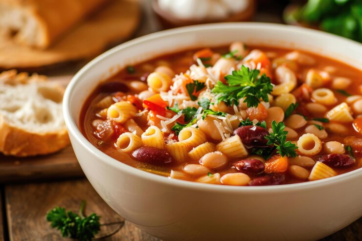 Foto una ciotola di zuppa di pasta e fagioli guarnita con prezzemolo