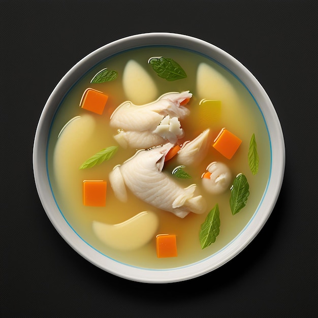 Una ciotola di zuppa di pollo con verdure e pollo in cima