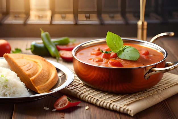 Una ciotola di zuppa di pomodoro accanto a un piatto di pane.