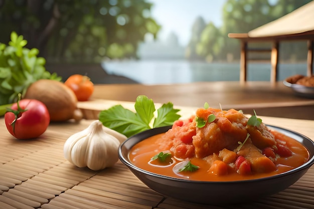 Una ciotola di zuppa di pomodoro con aglio sul tavolo