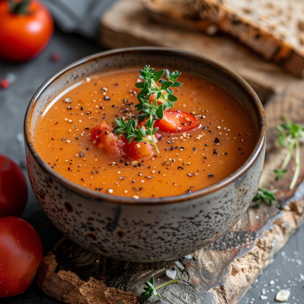 Una ciotola di zuppa di pomodoro con erbe e pomodori freschi su un ambiente di legno rustico