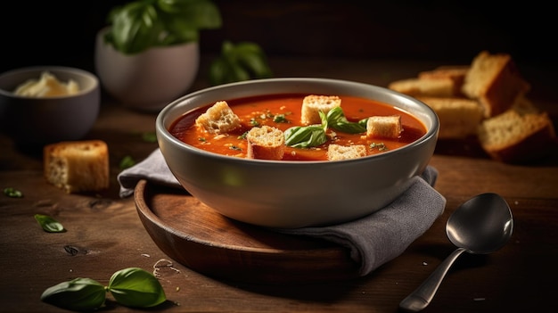 Una ciotola di zuppa di pomodoro con foglie di basilico su un tavolo di legno.