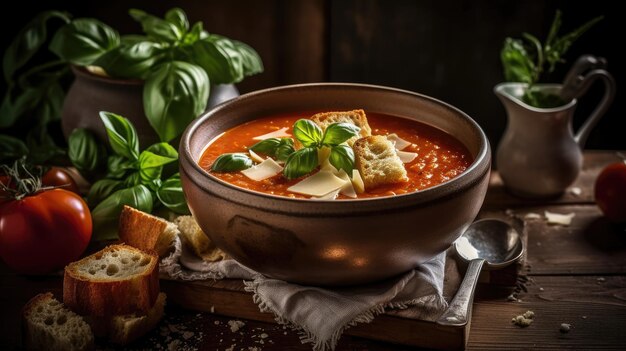 Una ciotola di zuppa di pomodoro con pane e foglie di basilico sul tavolo