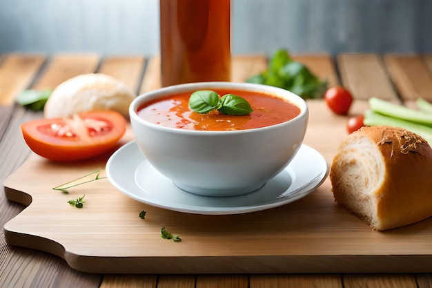 una ciotola di zuppa di pomodoro con pomodori e basilico su un tagliere di legno.