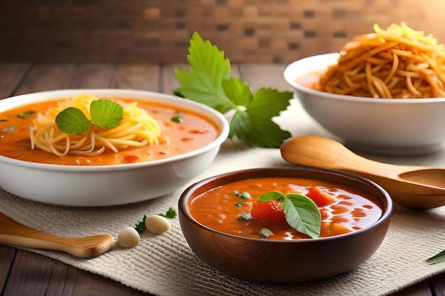 Una ciotola di zuppa di pomodoro con spaghetti e foglie di basilico su un tavolo.