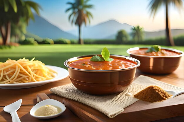 Una ciotola di zuppa di pomodoro con un piatto di spaghetti e un piatto di spaghetti.