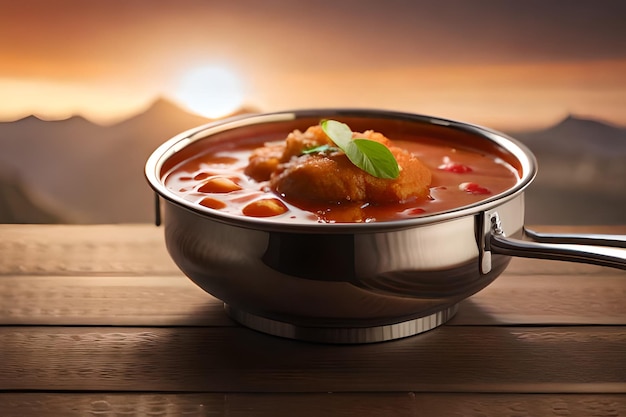 Una ciotola di zuppa di pomodoro con un tramonto sullo sfondo