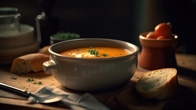 Una ciotola di zuppa di pomodoro con una baguette sul lato