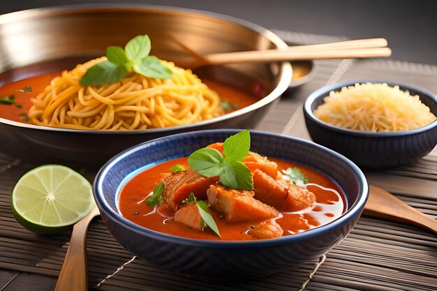 Una ciotola di zuppa di pomodoro con una ciotola di spaghetti e una ciotola di basilico.