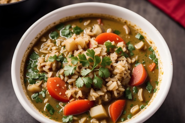 Una ciotola di zuppa di riso e verdure con un tovagliolo rosso sul lato.