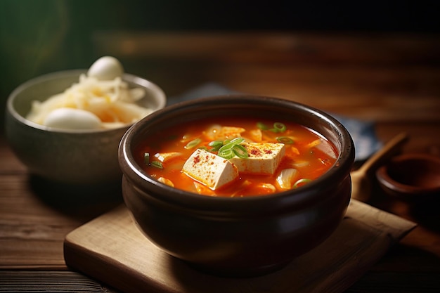 Una ciotola di zuppa di tofu con un cucchiaio sul lato