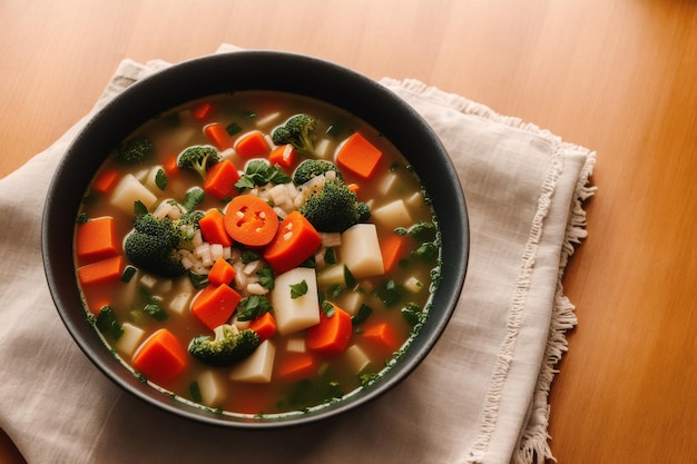 Una ciotola di zuppa di verdure con faccine sorridenti in cima.